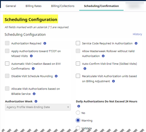 The Scheduling Configuration section displays configuration fields for authorizations and visit settings.
